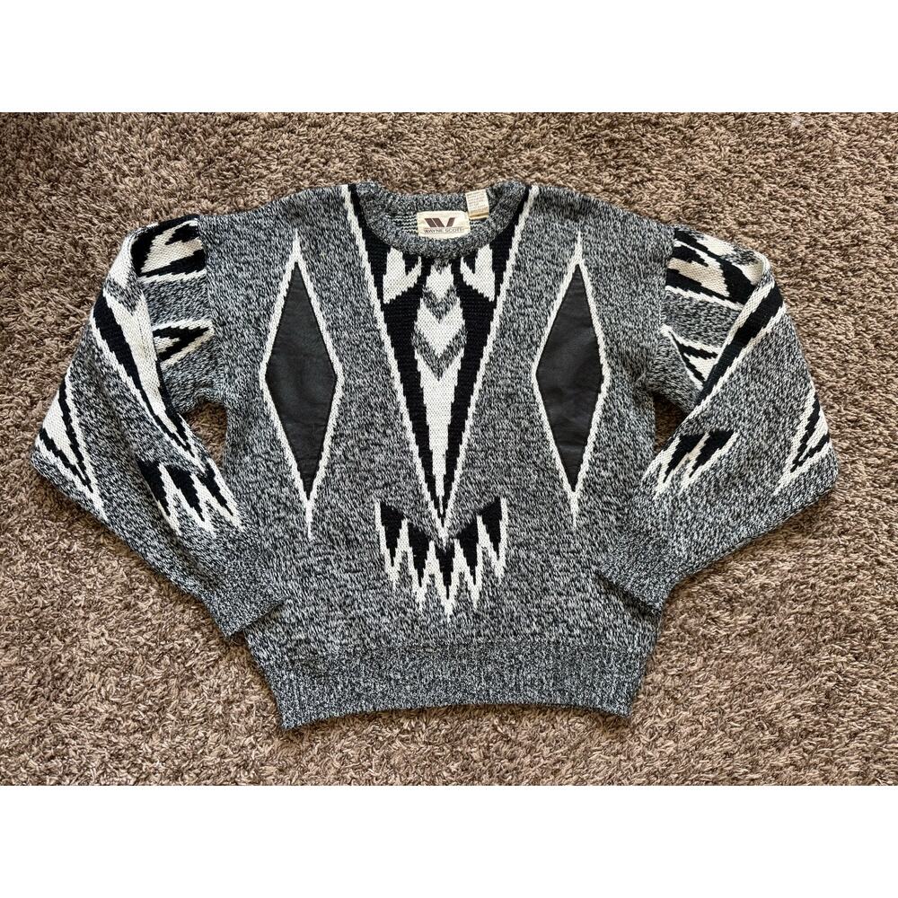 Vintage Wayne Scott Hand Knitted Pullover Sweater Size Small w/ Leather Patches